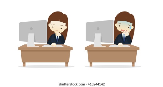 Family business cartoon character playing desktop personal computer PC in different emotions faces on White background.- vector illustration