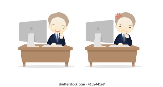 Family business cartoon character playing desktop personal computer PC in different emotions faces on White background.- vector illustration