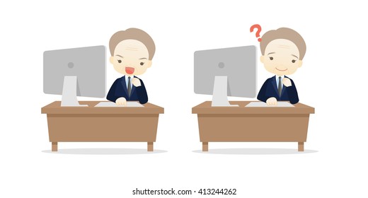 Family business cartoon character playing desktop personal computer PC in different emotions faces on White background.- vector illustration