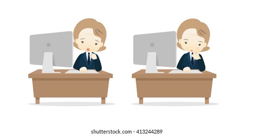 Family business cartoon character playing desktop personal computer PC in different emotions faces on White background.- vector illustration