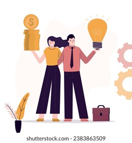 Family business. Co-founders holds money and innovative idea. Love couple launches new project, startup. Business people expecting success, seeing opportunity, shared goals. flat vector illustration