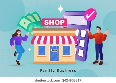 The family business concept emphasizes integration family values. owners and customers with small shop. shop opening. people expecting success. flat vector illustration.