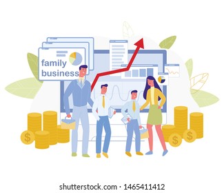 Family Business. Confident Parents with Couple of Sons Stand on Huge Computer Monitor Background with Data Analysis Chart, Financial Information, Piles of Golden Coins Cartoon Flat Vector Illustration