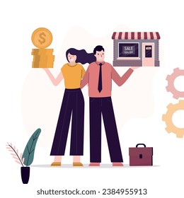 Family business, investing in new store. Co-founders holds money and shop building. Love couple launches new project, startup. Business people expecting success, shared goals. flat vector illustration