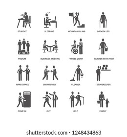 Family, Business Meeting, Student, Sleeping, Storekeeper, Cleaner, Smortsmen, help icon 16 set EPS 10 vector format. Icons optimized for both large and small resolutions.