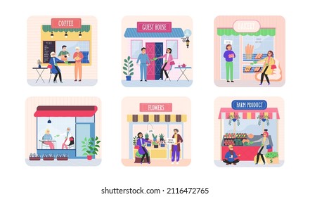 Family Business, Store Set, Coffee Market, Guest House, Farm Product Stall, Flower Shop, Bakery. Rich Woman Holds Dollars Bills In Hand Gives Poor Man. Business Success Concept. Richness And Poverty