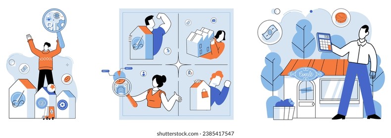 Family business. Vector illustration. The market is dynamic environment where businesses compete for customers and market share Companies engage in commerce to exchange goods and services