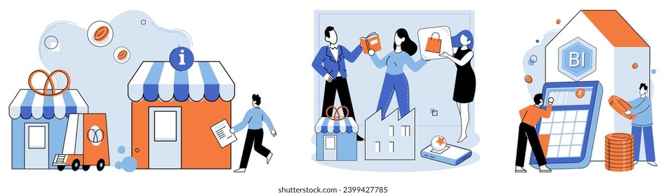 Family business. Vector illustration. Shopping is common activity in retail environments, catering to consumer needs and preferences E commerce platforms have transformed way businesses operate