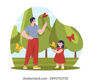Family with butterflies. Man and girl on lawn with butterflies. Father and daughter study flora and fauna in spring season. People with insects. Flat vector illustration isolated on white background