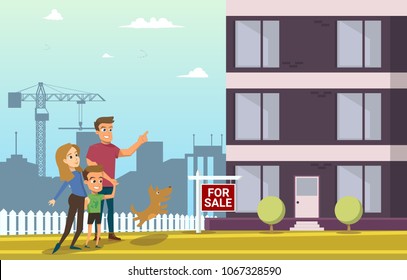 Family Buy Real Estate House. Happy Cartoon Characters Walking on Construction of Modern Living House.