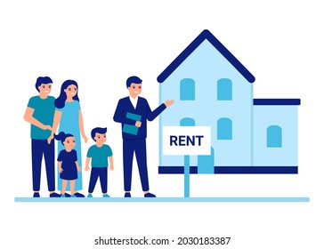 Family buy or rent home with help agent property estate. House rent advisor and services concept. Mother, Father and children moving to new place, private building. Vector flat illustration