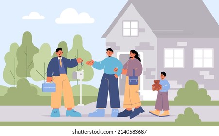 Family buy or rent house from real estate agent. Vector flat illustration of man realtor gives key to couple with kid. Landscape with building, salesman and customers