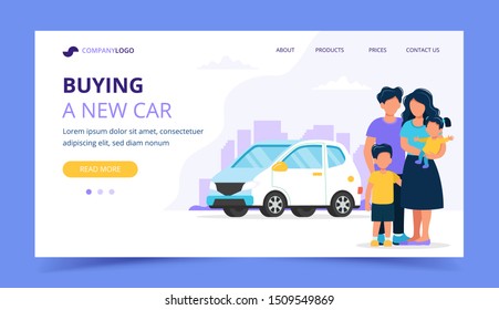 Family buying a car. Landing page template. Vector illustration in flat style