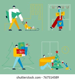 The family buying gifts and decorating Christmas tree. Vector illustration, flat design.