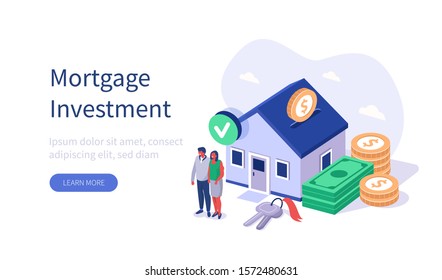 
Family Buying Home with Mortgage and Paying Credit to Bank. People Invest Money in Real Estate Property. House Loan, Rent and Mortgage Concept. Flat Isometric Vector Illustration.