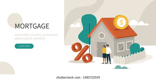 Family Buying Home with Mortgage and Paying Credit to Bank. People Invest Money in Real Estate Property. House Loan, Rent and Mortgage Concept. Flat Isometric Vector Illustration.