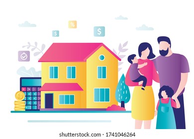 Family buying home with mortgage and paying credit to bank. Rent and loans concept. Happy family move in new house.People invest money in real estate.Parents hugging with kids.Flat vector illustration