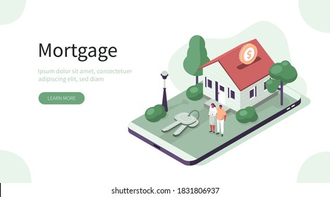 Family Buying Home with Mortgage and Paying Credit to Bank. People Invest Money in Real Estate Property. House Loan, Rent and Mortgage Concept. Flat Isometric Vector Illustration.