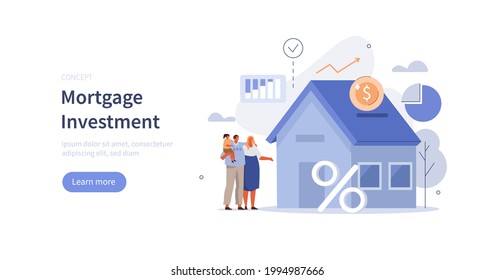Family buying home with mortgage and paying credit to bank. People invest money in real estate property. House loan, rent and mortgage Concept. Flat cartoon vector illustration.