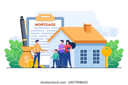 Family buying home with mortgage and paying credit to bank concept flat illustration, House loan or money investment to real estate concept template, Mortgage loan, Purchasing property, Home loan