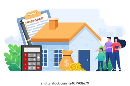 Family buying home with mortgage and paying credit to bank concept flat illustration, House loan or money investment to real estate concept template, Mortgage loan, Purchasing property, Home loan