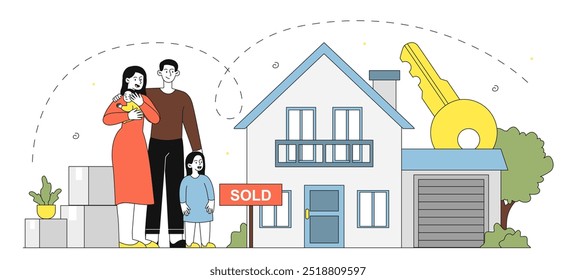 Family buying house. Happy man and woman with girl near building. Deal with real estate and private property. Cottage or townhouse. Linear vector illustration isolated on white background