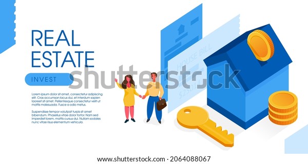 Family buying house and waving hands near a
key. Gold coin falling in money box in house shape. Characters
invest money in real estate property. Mortgage and rent isometric
vector illustration.
