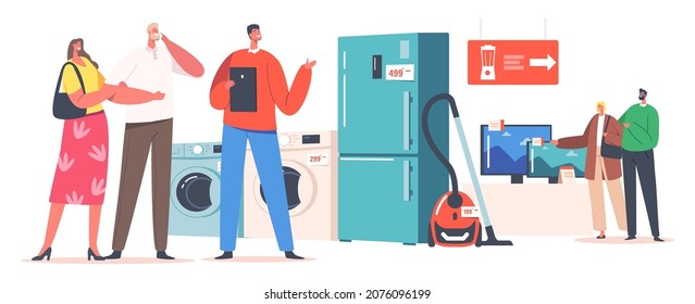 Family Buying Household Goods Concept. Married Couples Characters Purchase Appliances in Electronics Store with Help of Consultant. Consumers Choose Home Technics. Cartoon People Vector Illustration