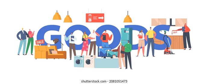 Family Buying Household Goods Concept. Married Couples Characters Purchase Appliances in Electronics Store with Help of Consultant Poster, Banner or Flyer. Cartoon People Vector Illustration