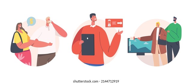 Family Buying Household Goods Round Icons. Consumers Choose Home Technics. Couple Characters Purchase Appliances In Electronics Store, Consultant With Cllipboard. Cartoon People Vector Illustration