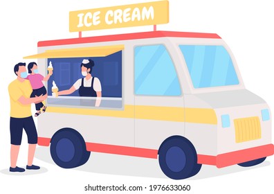 Family Buying Ice Cream From Truck Flat Color Vector Faceless Characters. Father And Child In Face Masks. Summer Beach Activity Isolated Cartoon Illustration For Web Graphic Design And Animation