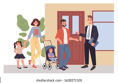 Family buying new house. Young couple with kids renting apartment flat vector illustration. Real estate, mortgage, property purchase concept for banner, website design or landing web page