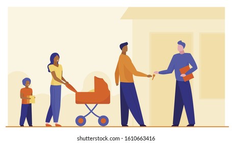 Family buying property. Couple with kids renting house flat vector illustration. Real estate, mortgage, new home concept for banner, website design or landing web page