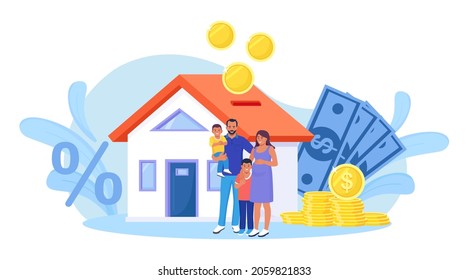 Family buying real estate with mortgage and paying credit to bank. People save money and buy house in debt, invest money in property. House loan, rent. Home is like a piggy bank. Vector illustration