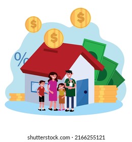 Family buying real estate with mortgage and paying credit to bank. People save money and buy house in debt, invest money in property. House loan, rent. Home is like a piggy bank. vector illustration.