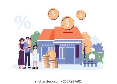 Family buying real estate with mortgage and paying credit to bank flat style illustration vector design