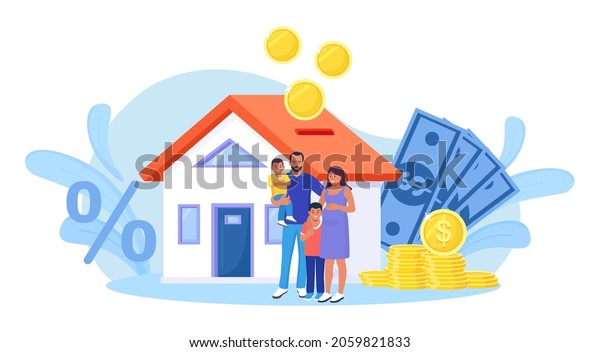 Family buying real estate with mortgage and\
paying credit to bank. People save money and buy house in debt,\
invest money in property. House loan, rent. Home is like a piggy\
bank. Vector\
illustration