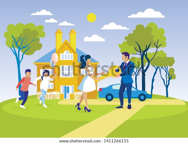 Family Buying or Renting New Home Flat\
Cartoon. Young Couple with Huge Key Standing near Car. Girl and Boy\
Run and Play in Yard. Vector Luxury House in Suburb, Real Estate\
for Living Illustration