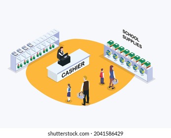 Family buying school supplies in store for back to school. isometric vector concept