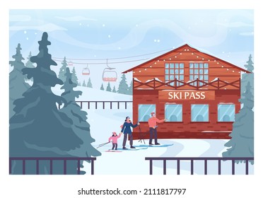 Family buying a skipass card. Mom, dad and kid in outwear standing next to ski pass office. Ski resort infrastructure, winter extreme sport activities. Flat vector illustration