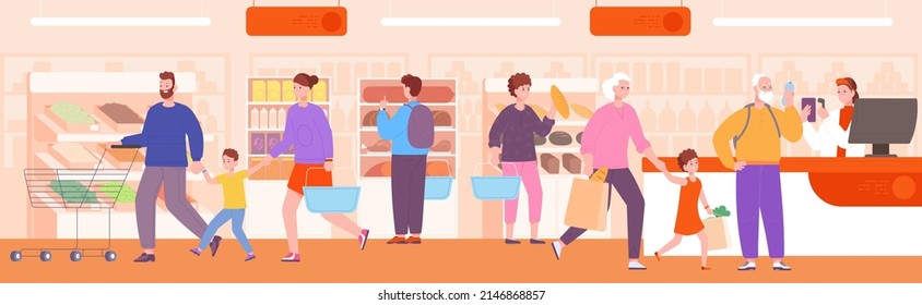 Family buying in supermarket. Consumers at counter showcase product shelves inside grocery shop, retailer checkout food cart shopper kids buy vegetable vector illustration. Supermarket grocery