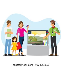 Family Buying TV In A Electronic Store , Appliance Sales .cartoon Illustration