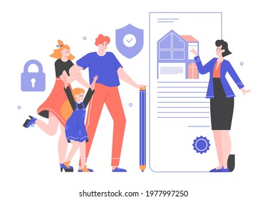 The family buys real estate. Buying a new home. The girl lawyer explains the clauses of the purchase and sale agreement. The father prepares to sign the document. Vector flat illustration.