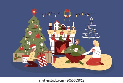 Family by the Christmas fireplace. A child opens a present by the Christmas tree, happy parents drink a hot drink. A girl and a man warm themselves by the festive fireplace. New Year's interior.