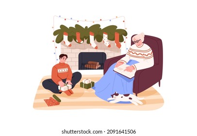 Family by fireplace at Christmas eve. Happy grandmother read Xmas book in armchair, kid wrap gifts at home. Granny and grandchild by cozy fireside. Flat graphic vector illustration isolated on white
