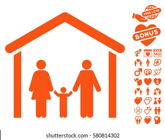 Family Cabin icon with bonus love icon set. Vector illustration style is flat iconic orange symbols on white background.