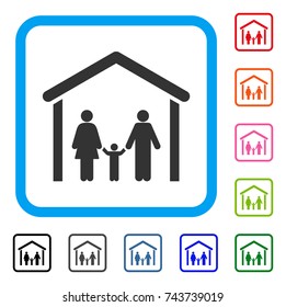 Family Cabin icon. Flat gray pictogram symbol inside a blue rounded square. Black, gray, green, blue, red, orange color versions of Family Cabin vector. Designed for web and app UI.