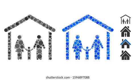 Family cabin mosaic of filled circles in various sizes and color tones, based on family cabin icon. Vector small circles are composed into blue mosaic.