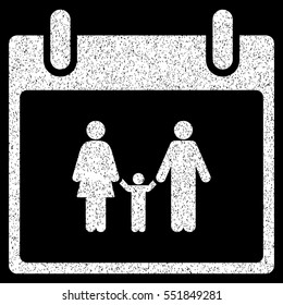 Family Calendar Day grainy textured icon for overlay watermark stamps. Flat symbol with dirty texture. Dotted vector white ink rubber seal stamp with grunge design on a black background.