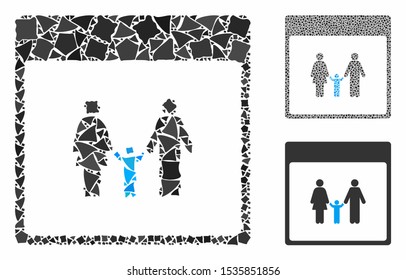 Family calendar page composition of irregular elements in various sizes and color hues, based on family calendar page icon. Vector abrupt elements are grouped into collage.